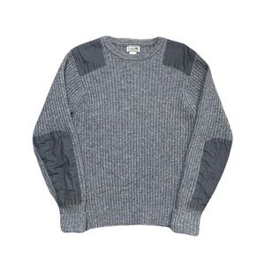 LL Bean Commando Sweater Mens Large Gray Merino Lambswool Ribbed Patch Elbow